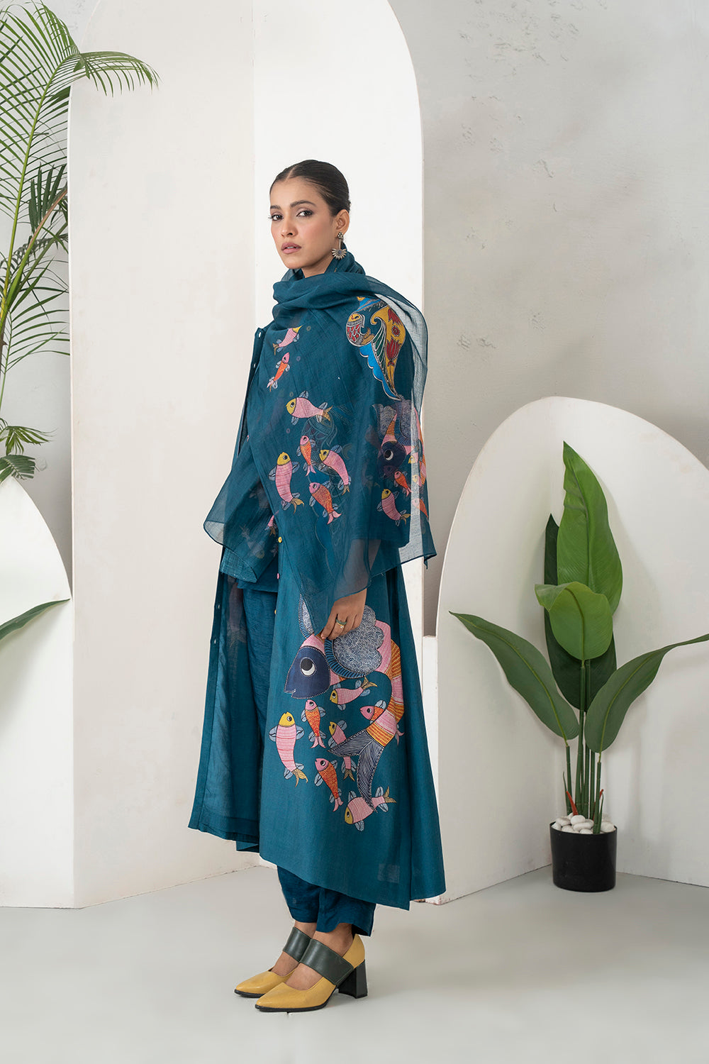 Indigo Silk Chanderi Playful Aquatic Motif Printed Dress Set (3 PCS)