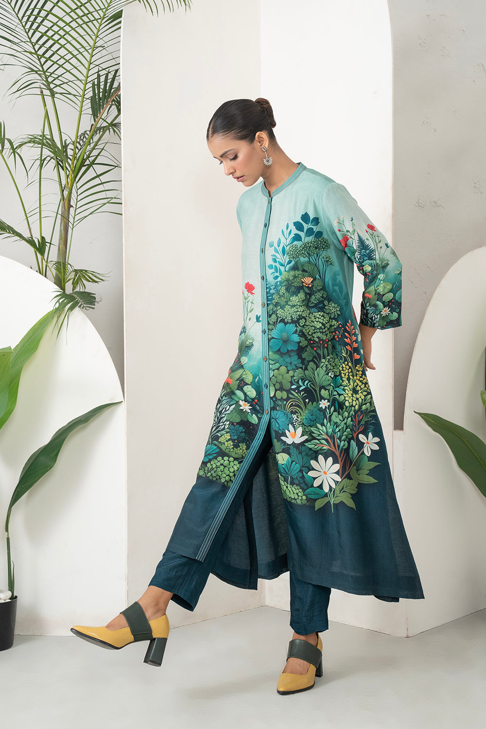 Blue Fades Gently From Mint To Midnight Silk Chanderi Hand-Painted Garden Printed Dress Set (3 PCS)