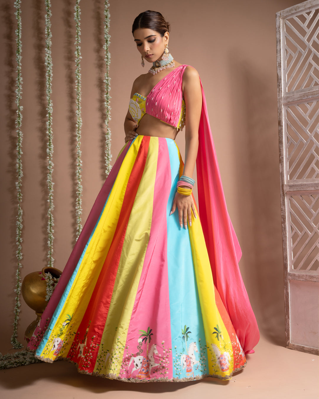 Horse Print One Shoulder Lehenga Set (Set of 2)