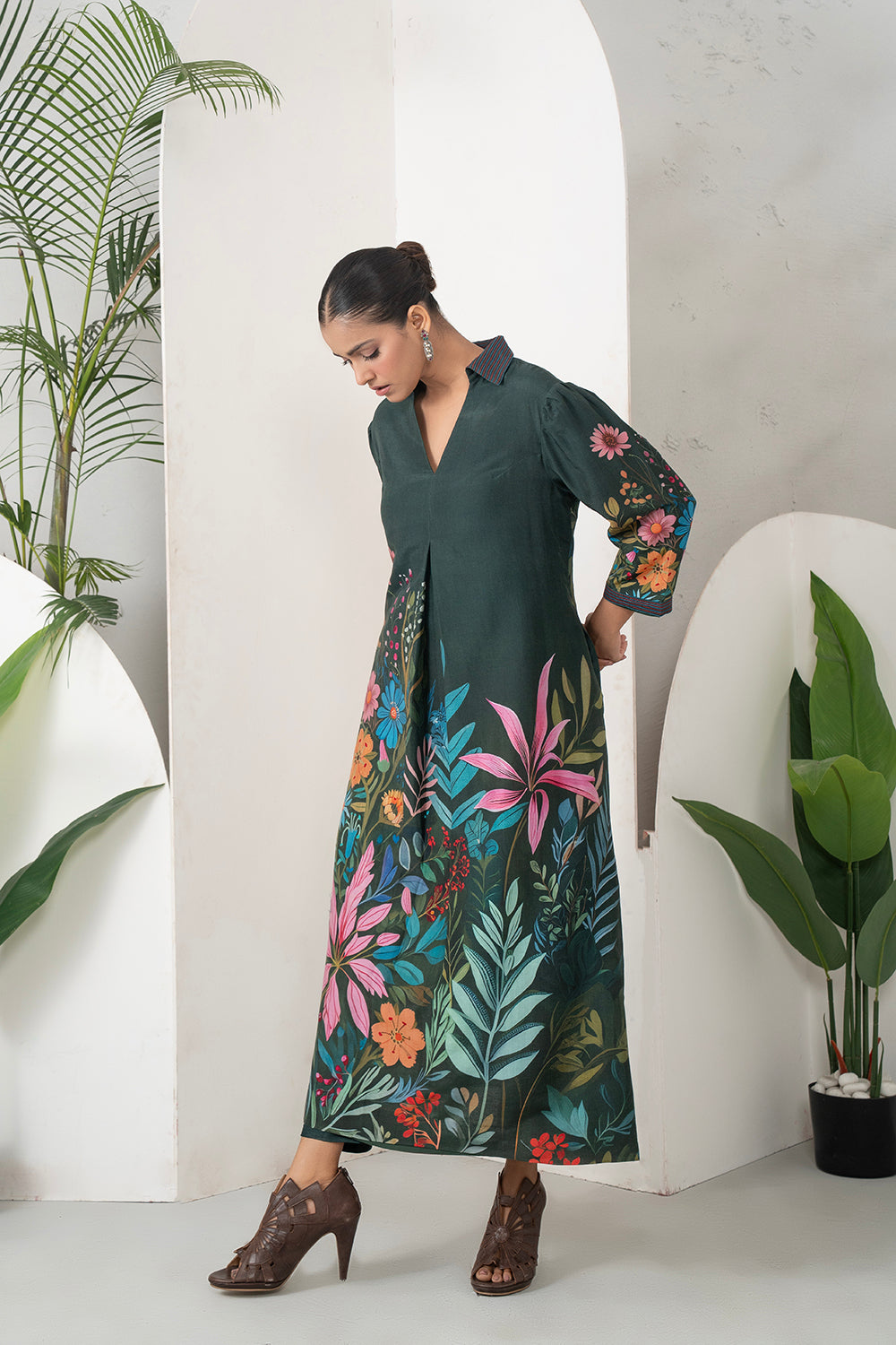 Dark Green Silk Chanderi Vibrant Multicolour Floral Printed Dress Set (2 PCS)