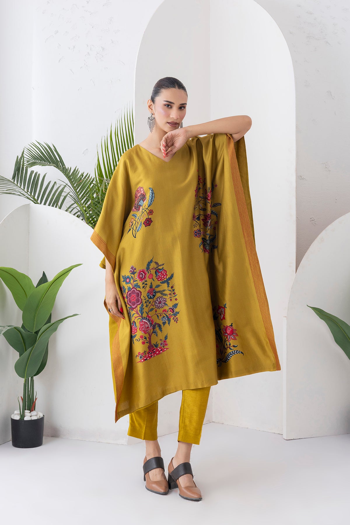 Mustard Silk Chanderi Chintz Printed Kaftan (1 PC)