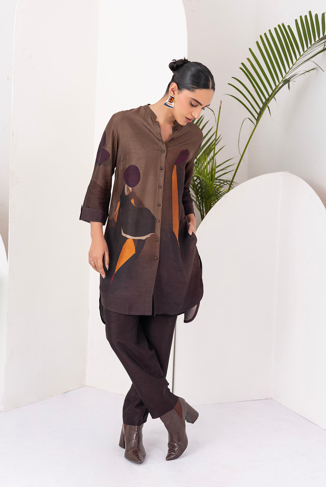 Shades Of Brown Viscose Dupion Printed Shirt Style Tunic  (1 PC)