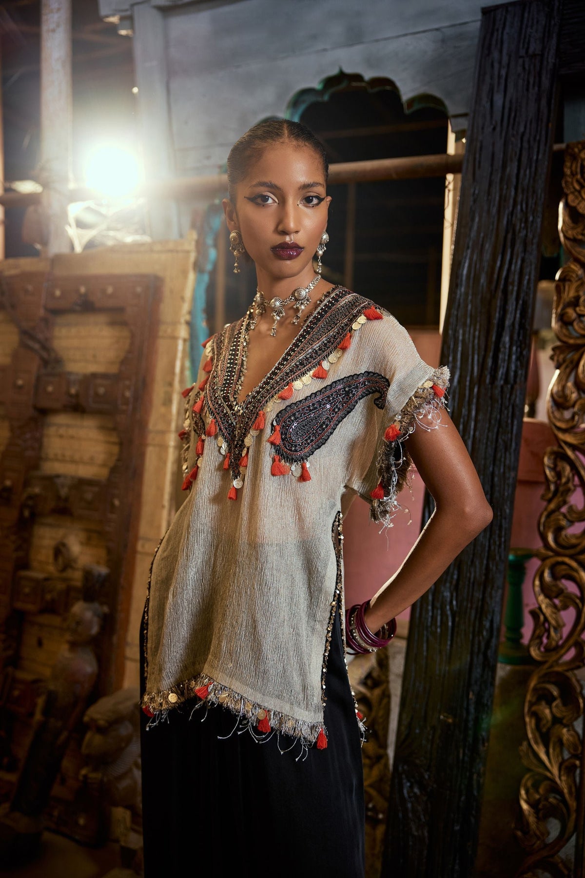 CRUSH TISSUE KURTA WITH DHOTI