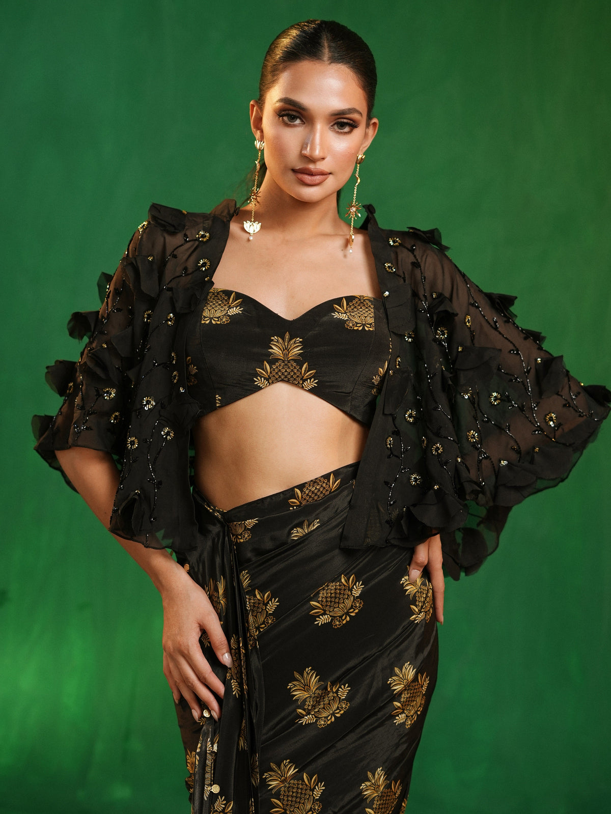 Pineapple Print Pre-Drape Saree With Statement Organza Poncho Set (Set of 3)