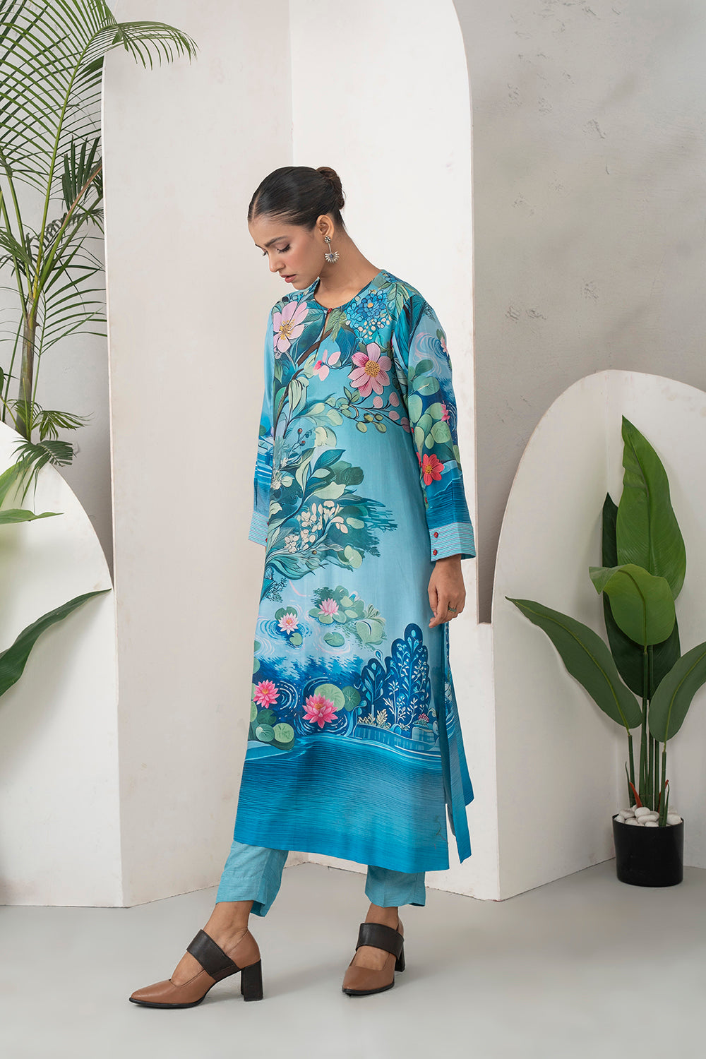 Sky Blue Silk Chanderi Lush Lotus Printed Tunic Set (2 PCS)