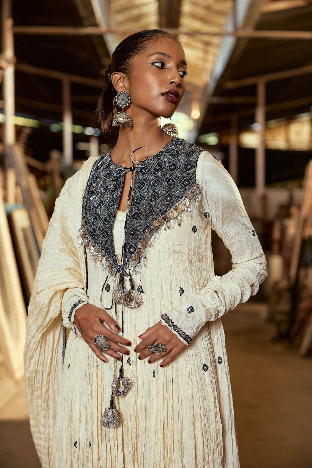 BEIGE CRUSH OPEN ANARKALI WITH KURTA AND CHURIDAR