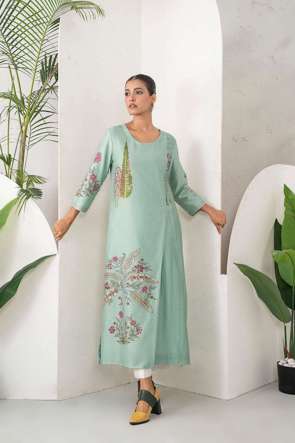 Mint Silk Chanderi Miniature Painting Inspired Printed Dress Set (2 PCS)