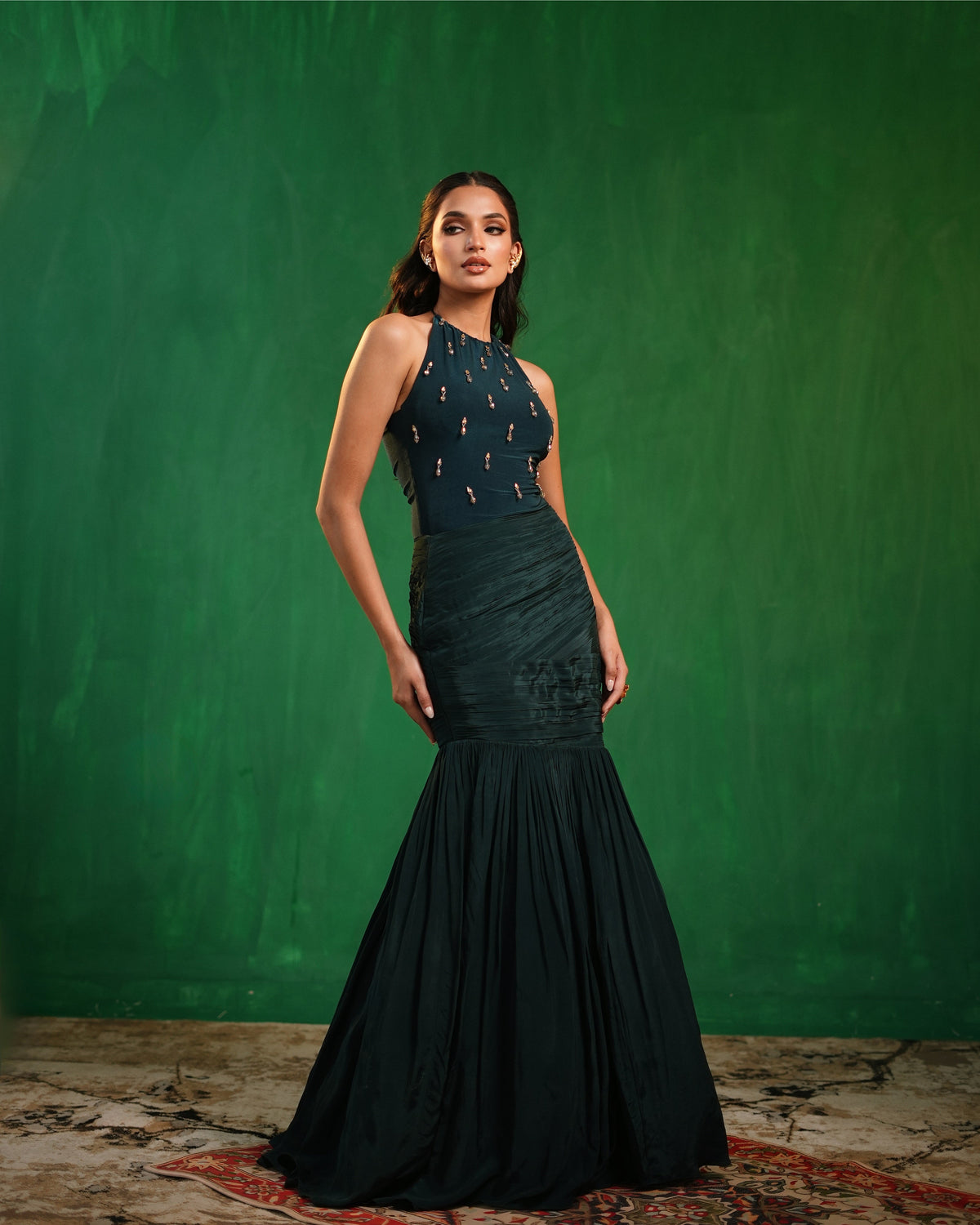 Midnight Green Halterneck Bodysuit With Drape Mermaid Skirt Set  (Set of 2)