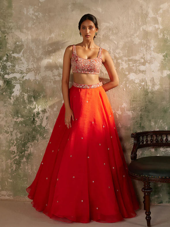 GULMOHAR RED SILK ORGANZA LEHENGA SET