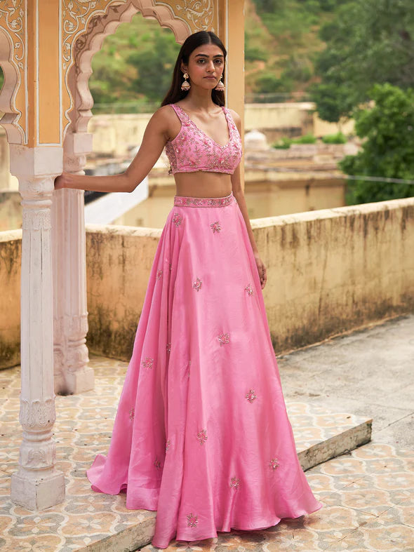 Gulab Pink Silk Organza Lehenga Set
