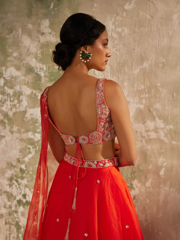 GULMOHAR RED SILK ORGANZA LEHENGA SET