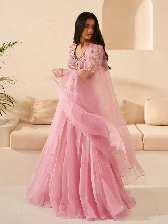 Selene Lilac Silk Organza Lehenga Set