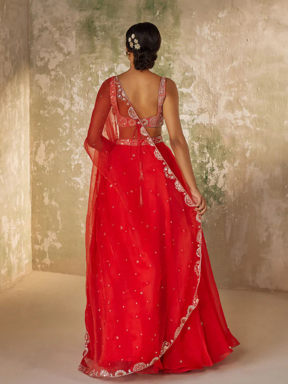 GULMOHAR RED SILK ORGANZA LEHENGA SET