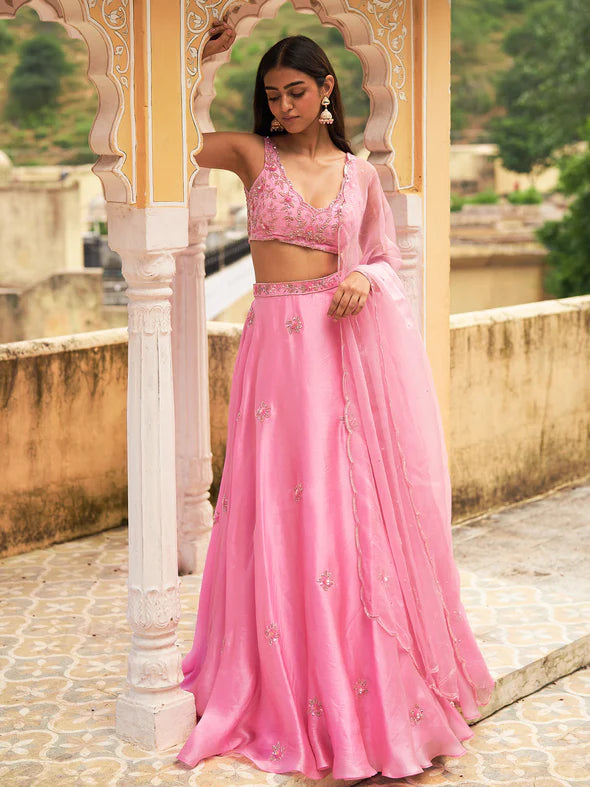 Gulab Pink Silk Organza Lehenga Set