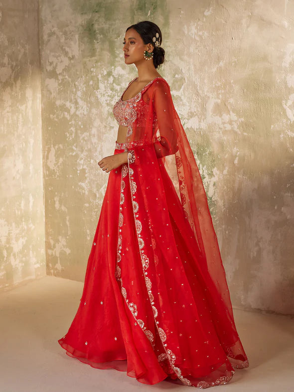 GULMOHAR RED SILK ORGANZA LEHENGA SET