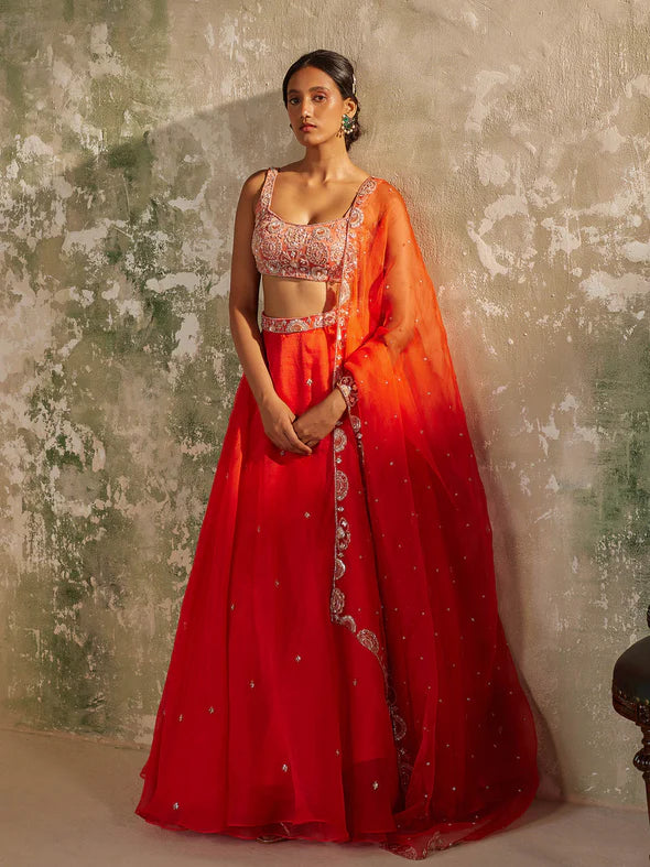 GULMOHAR RED SILK ORGANZA LEHENGA SET