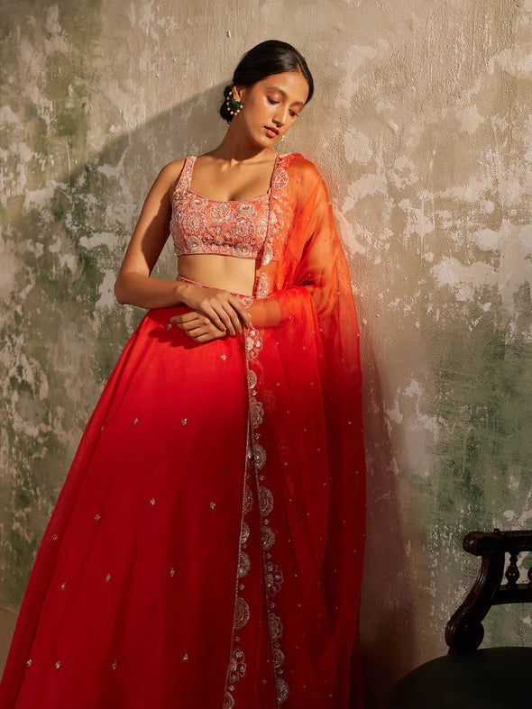 GULMOHAR RED SILK ORGANZA LEHENGA SET