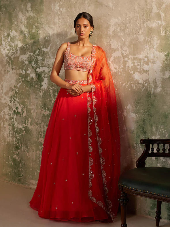 GULMOHAR RED SILK ORGANZA LEHENGA SET