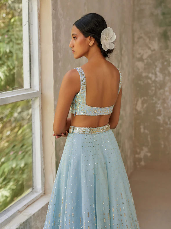 BLUE ORCHID SILK ORGANZA LEHENGA SET