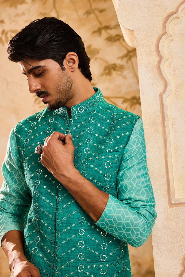 Teal mirrorwork Bundi jacket Kurta Trouser