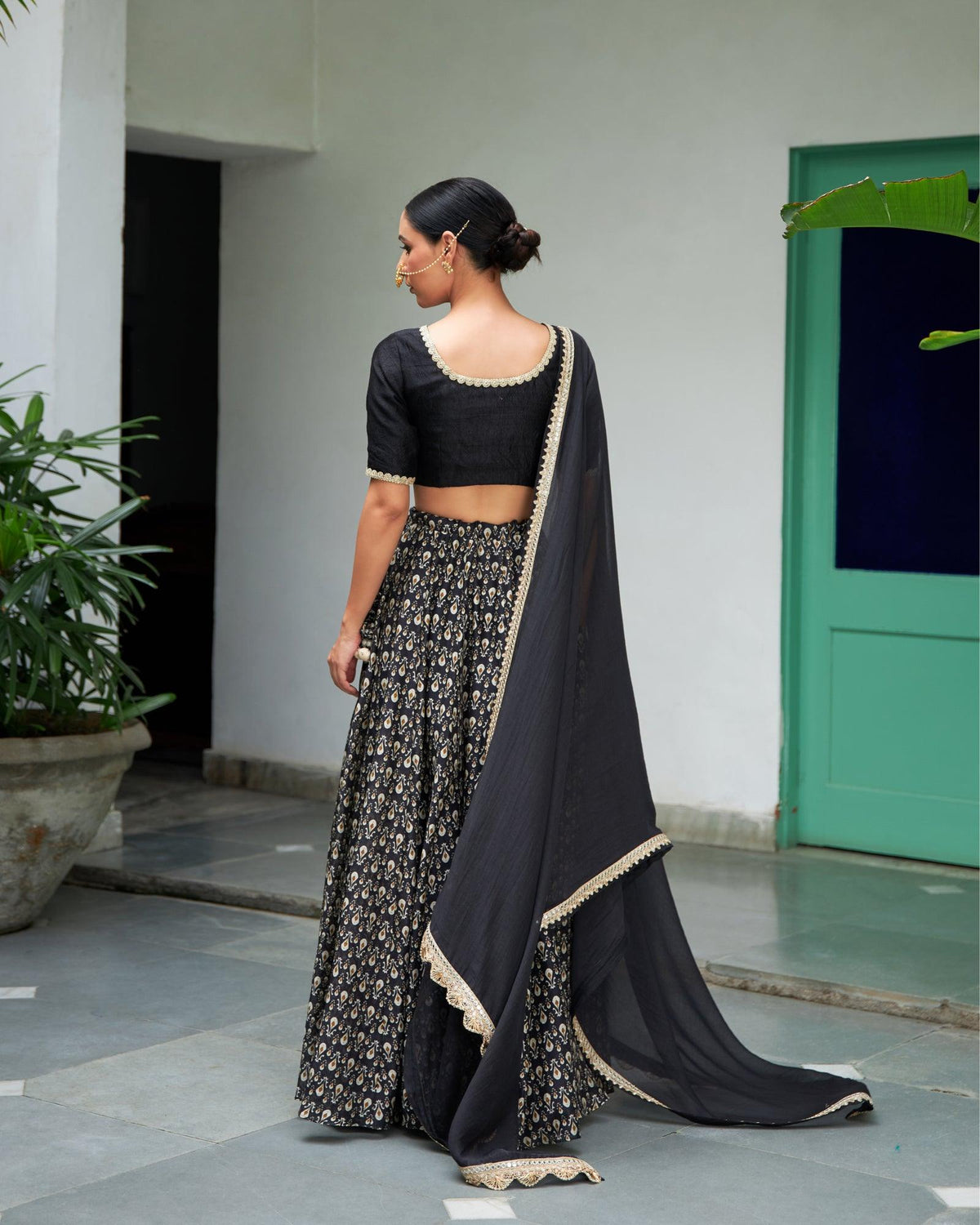 Black Chanderi Printed Lehenga Set