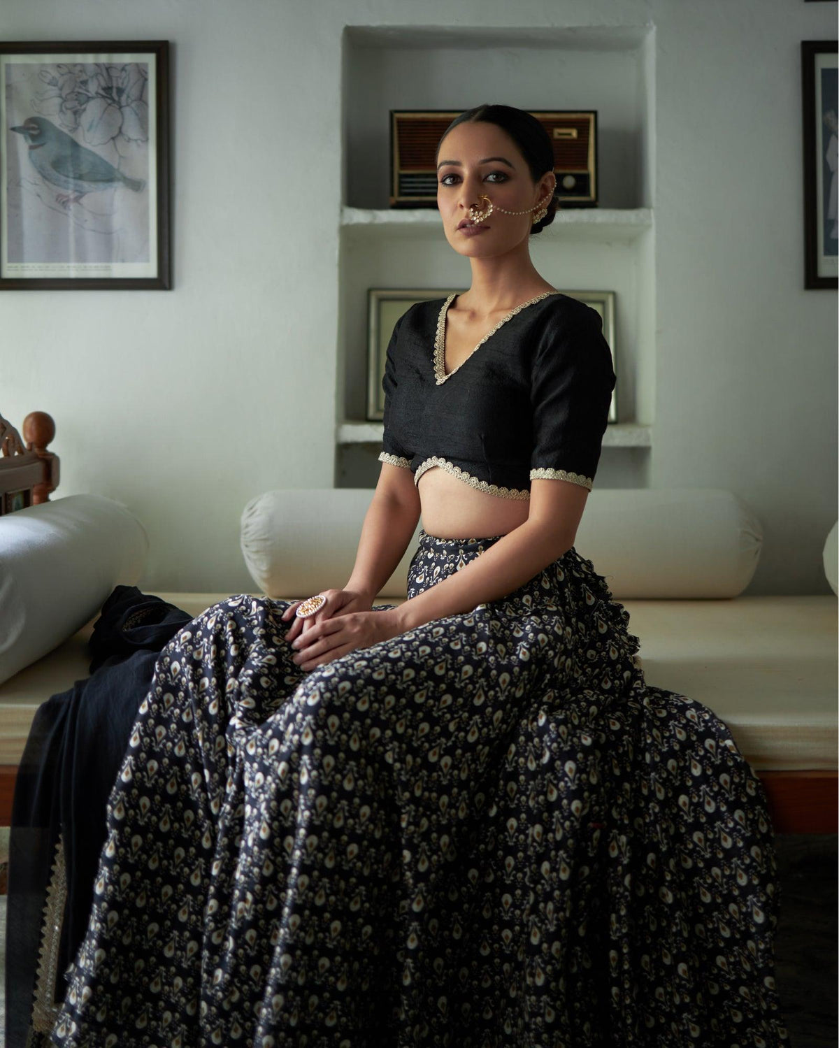 Black Chanderi Printed Lehenga Set