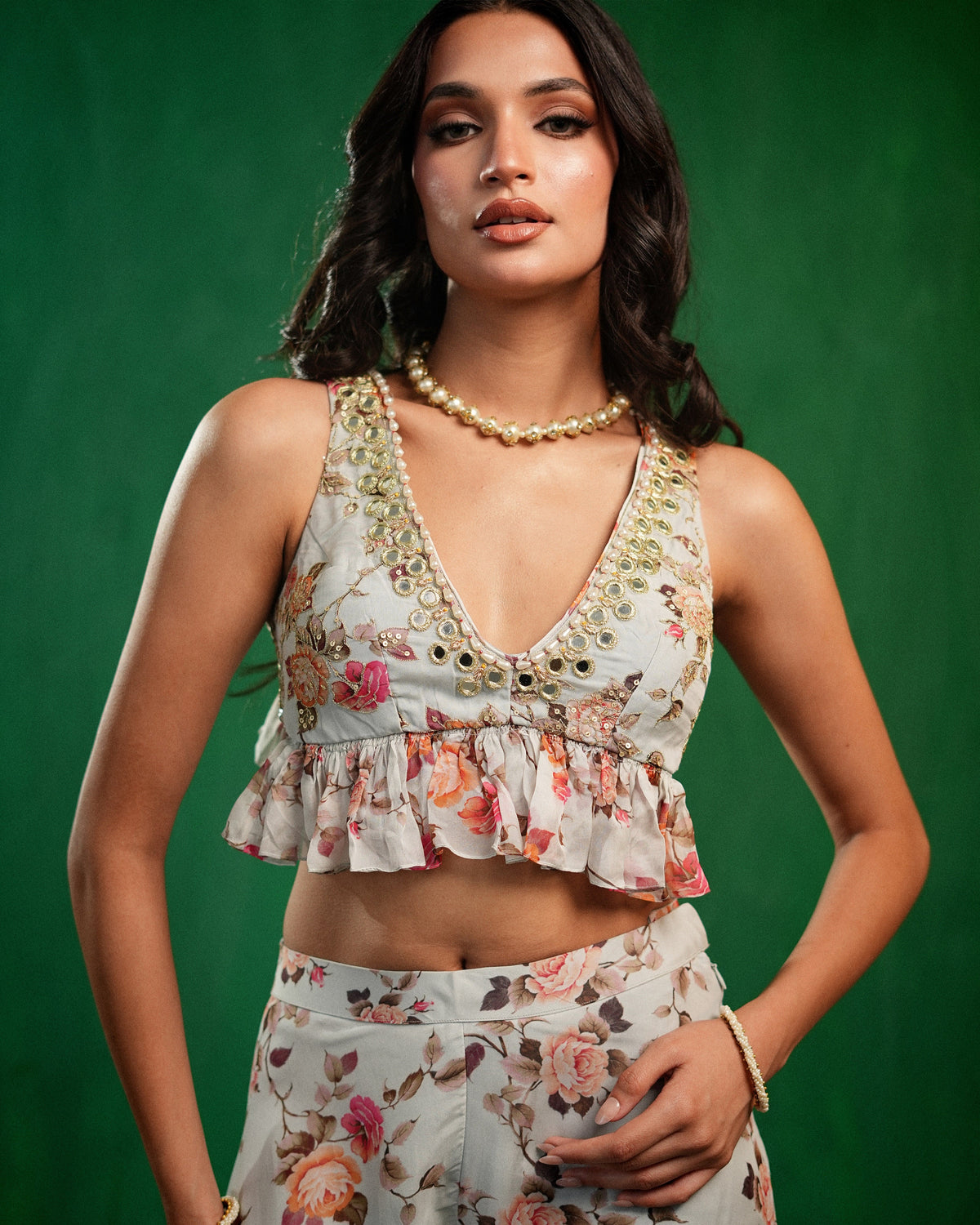Sky Blue Floral Printed Backless Indo Set  (Set of 2)