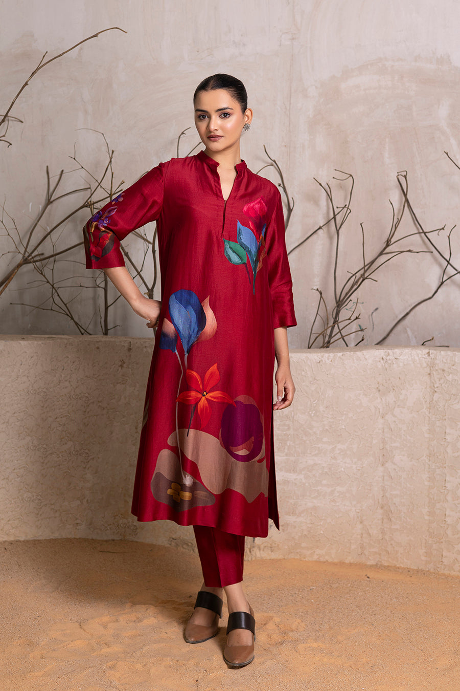 Red Silk Chanderi Printed Tunic (1 PC)