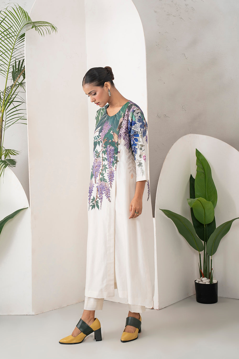 Ivory Silk Chanderi Side Panel Wisteria Printed Dress Set (2 PCS)