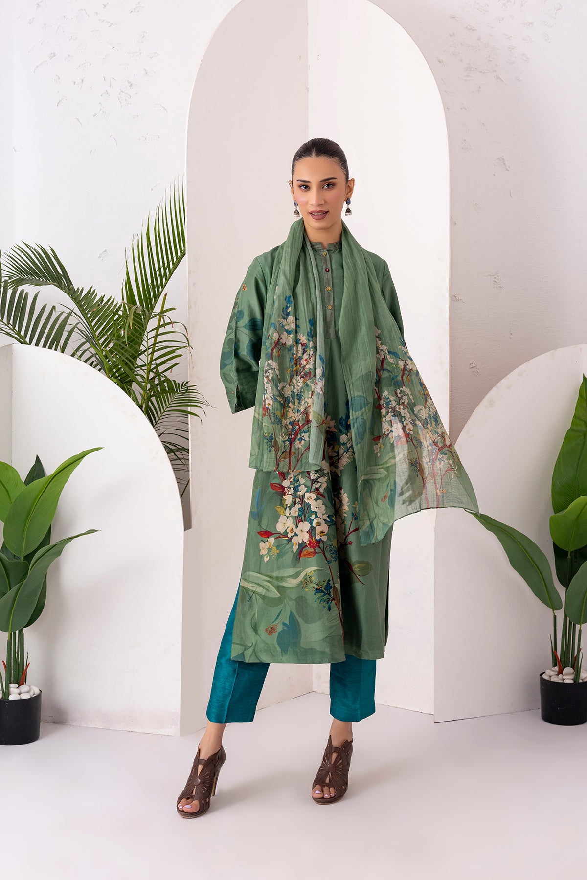 Sage Green Silk Chanderi Printed Front Pleat Tunic (1 PC)