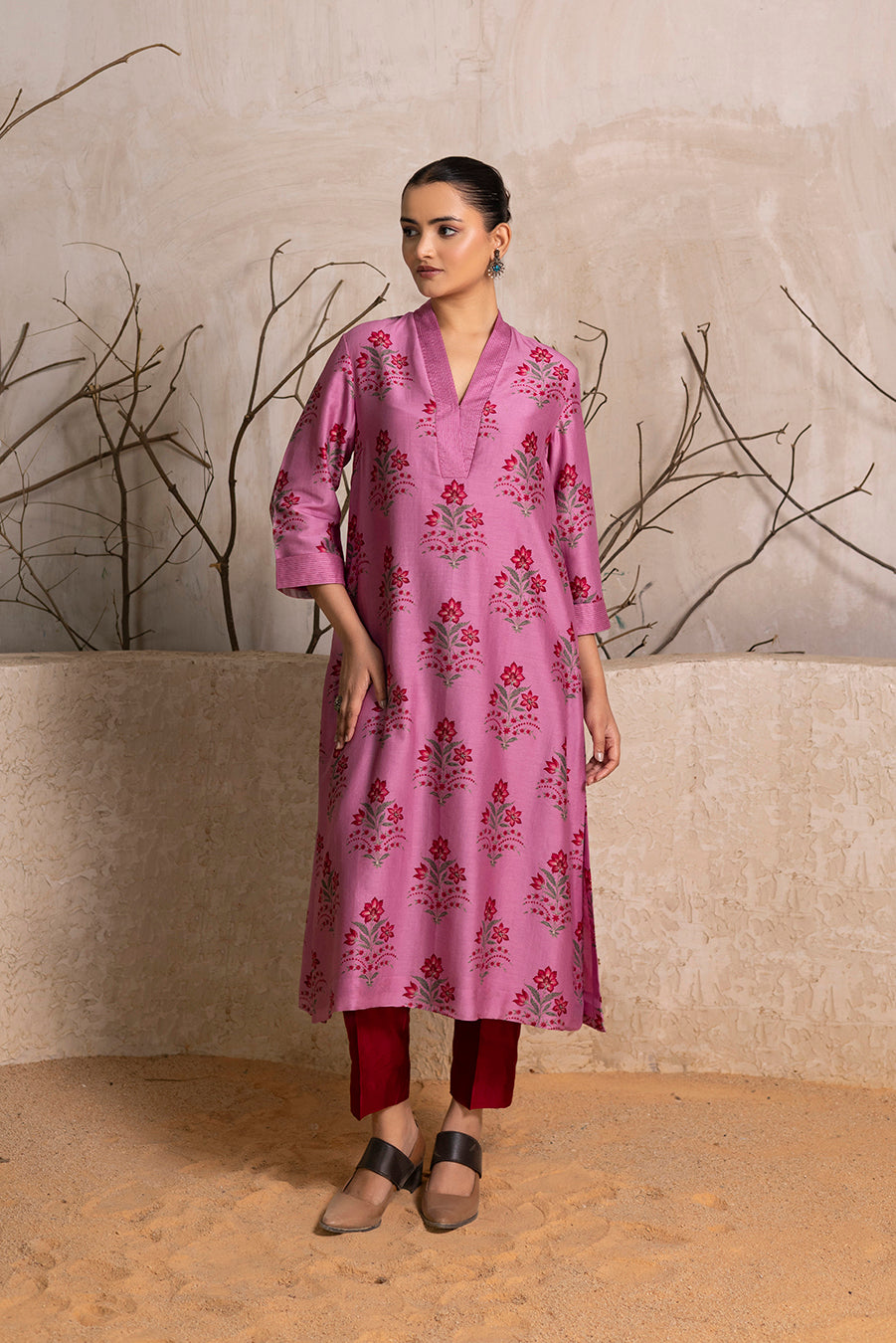 Salmon Pink Silk Chanderi Floral Boota Printed Tunic (1 PC)