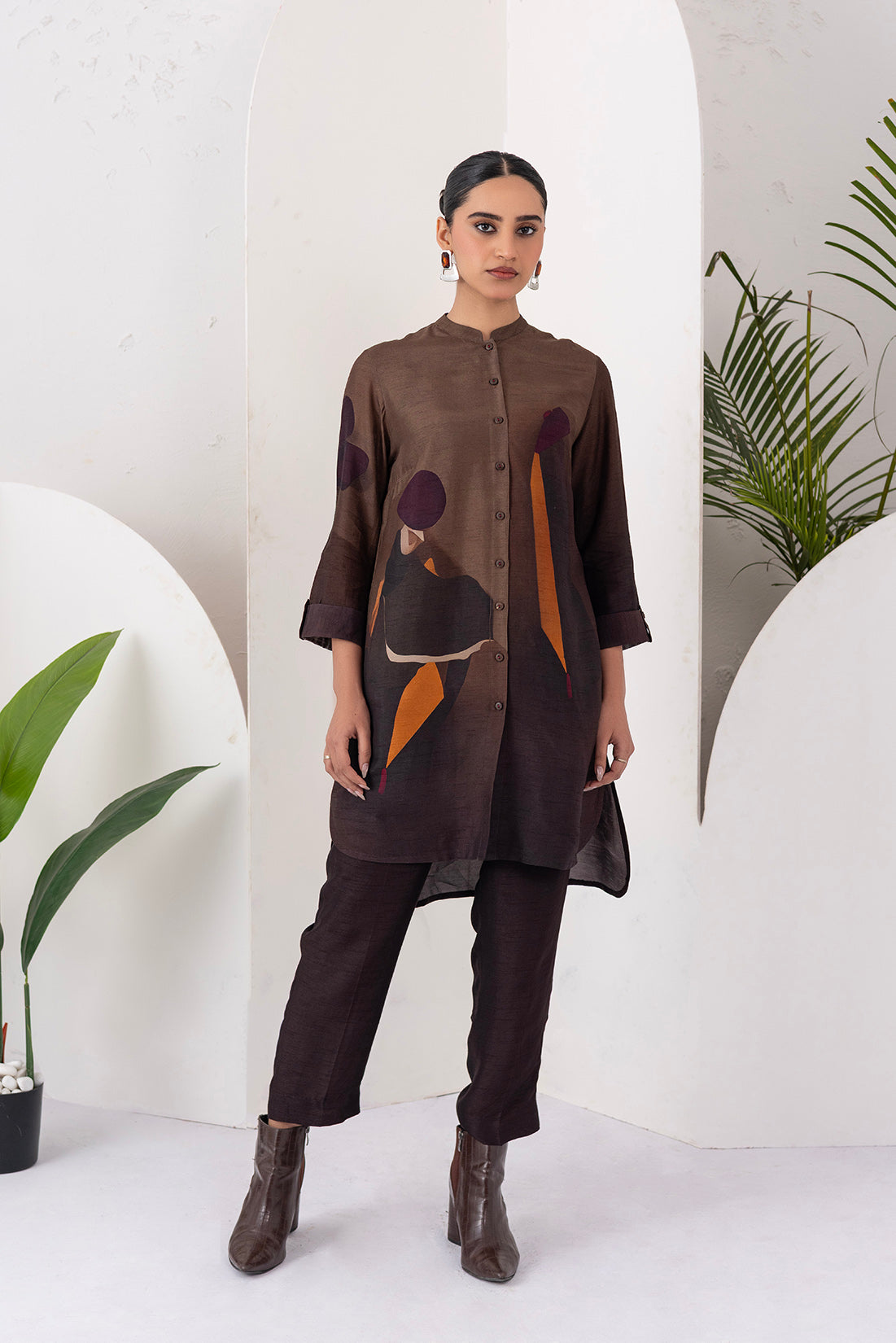 Shades Of Brown Viscose Dupion Printed Shirt Style Tunic  (1 PC)