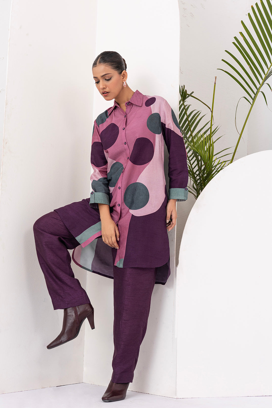 Salmon Pink & Wine Viscose Dupion Printed Shirt Style Tunic  (1 PC)