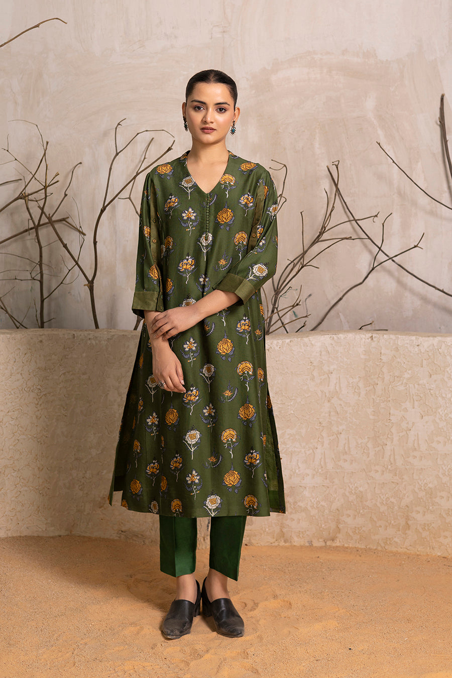 Leaf Green Silk Chanderi Printed Tunic (1 PC)