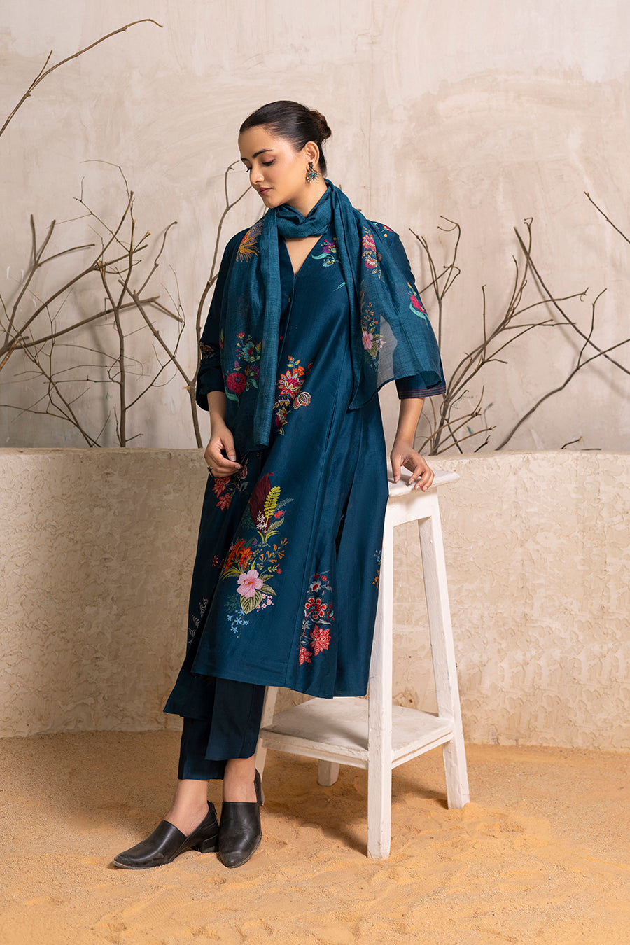 Indigo Silk Chanderi Printed Stole (1 PC)