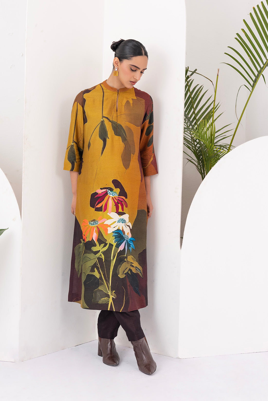 Mustard & Brown Viscose Dupion Printed Tunic  (1 PC)