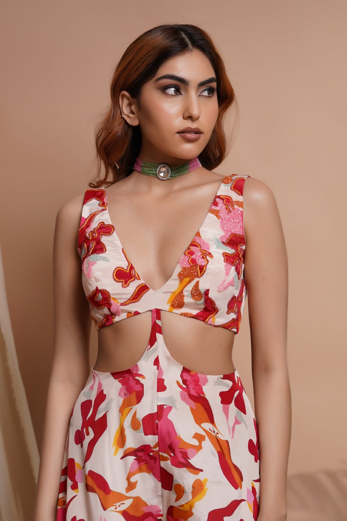 CREAM ABSTRACT PRINTED V-NECK JUMPSUIT