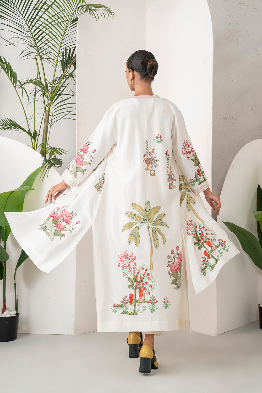 Ivory Silk Chanderi Miniature Art Printed High-Low Dress Set (3 PCS)