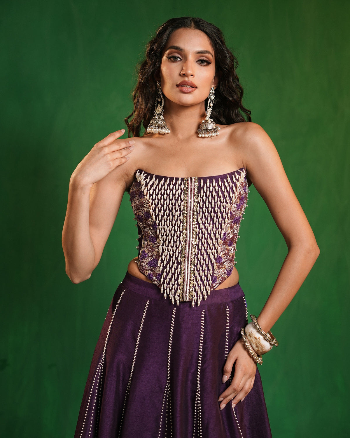 Dark Purple Corset Heavy Lehenga Set (Set of 2)