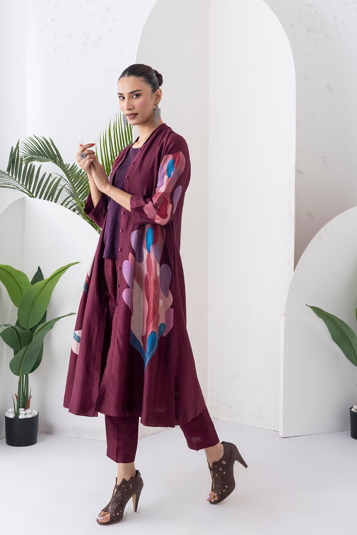 Chocolate Brown Silk Chanderi Printed Dress (1 PC)
