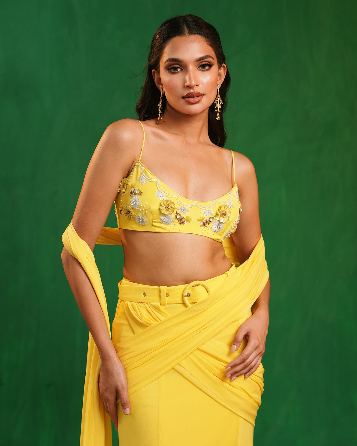 Sunshine Yellow Pre Drape Saree  Set  (Set of 2)