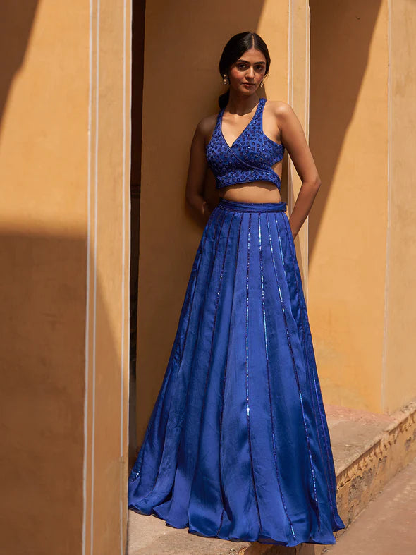 Aster Blue Silk Organza Lehenga Set