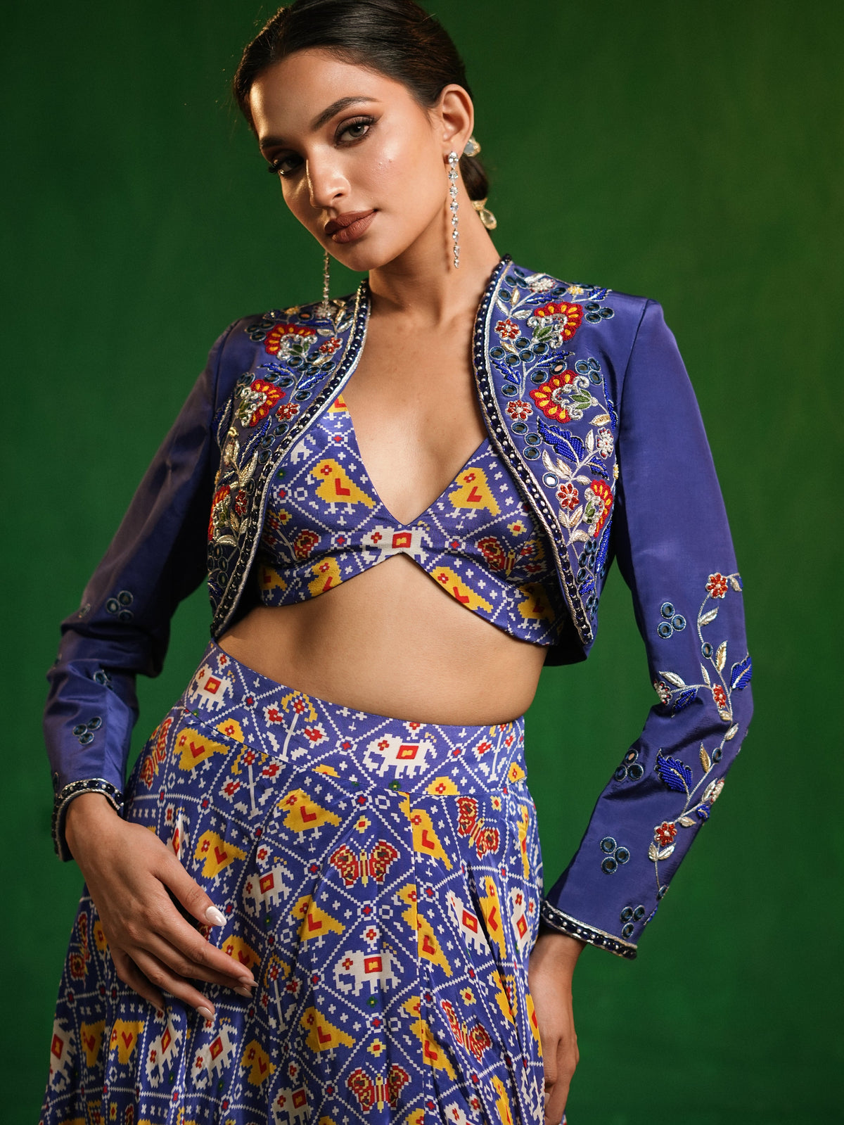 Blue Patola Printed Indo Lehenga  Set (Set of 3)