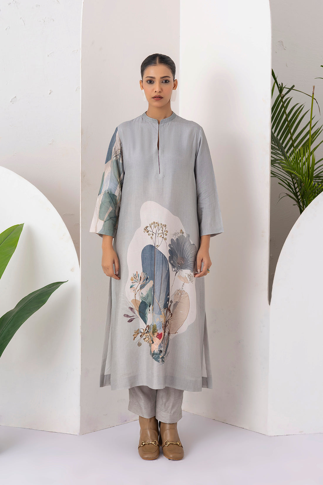Grey Viscose Dupion Printed Tunic  (1 PC)