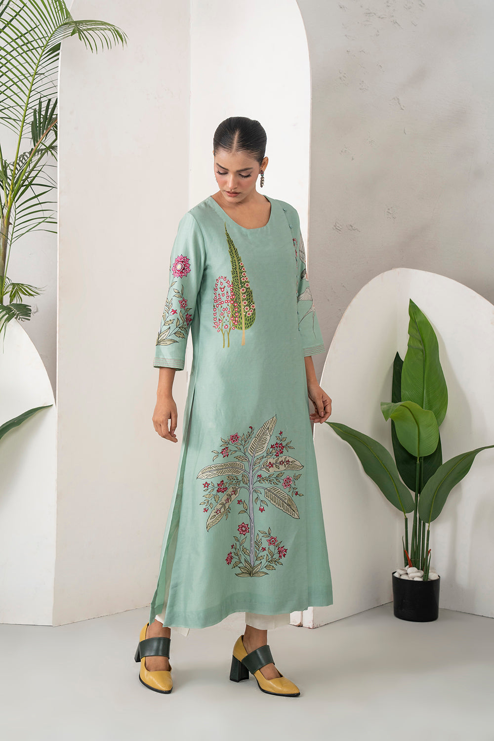 Mint Silk Chanderi Miniature Painting Inspired Printed Dress Set (2 PCS)