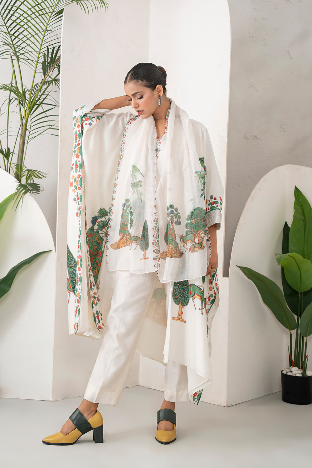 Ivory Silk Chanderi Folk Tale Printed Kaftan Set (3 PCS)