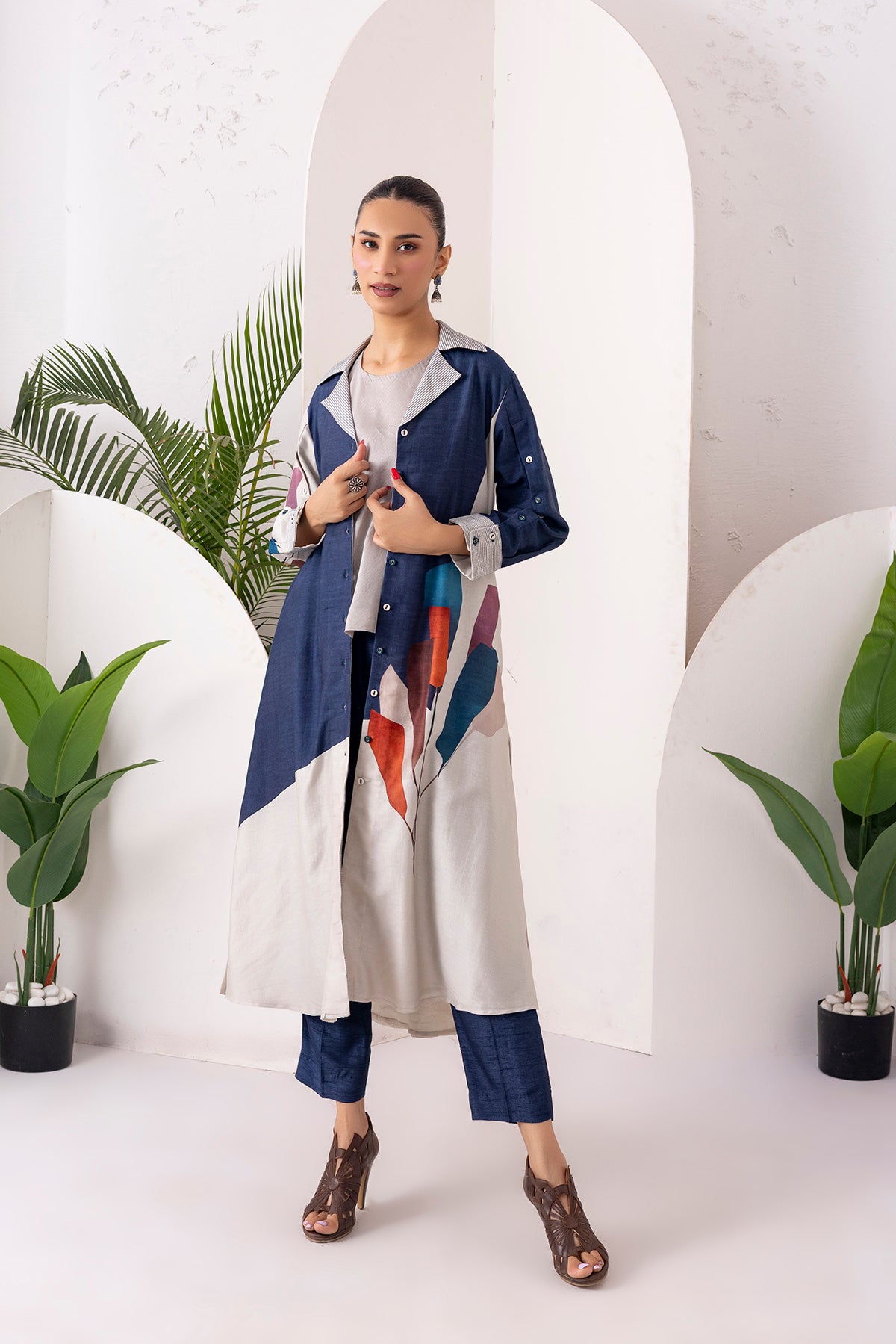 Blue & Ivory Silk Chanderi Printed Front Open Dress (1 PC)