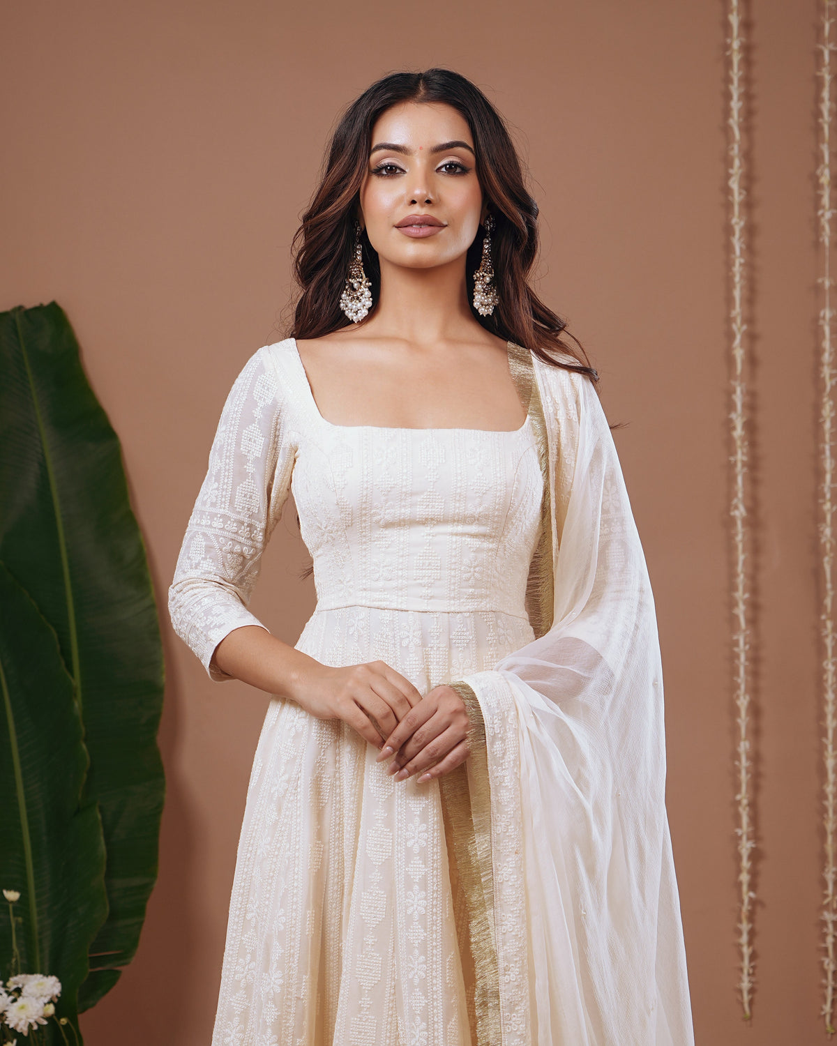Ivory Chikankari Anarkali Suit Set (Set of 3)