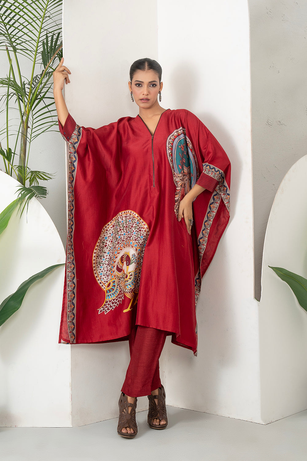 Maroon Silk Chanderi Bold Peacock Printed Zippered Kaftan Set (2 PCS)