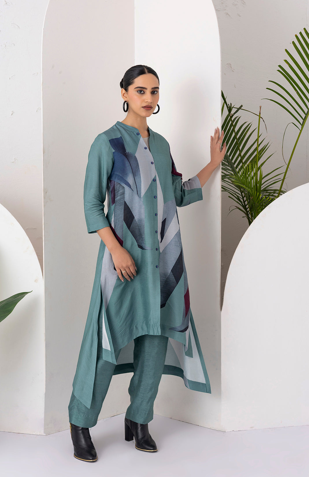 Sage Green Viscose Dupion Printed High-Low Dress  (1 PC)